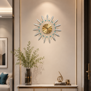 Silver Sunburst Turquoise Crystal Metal Wall Clock