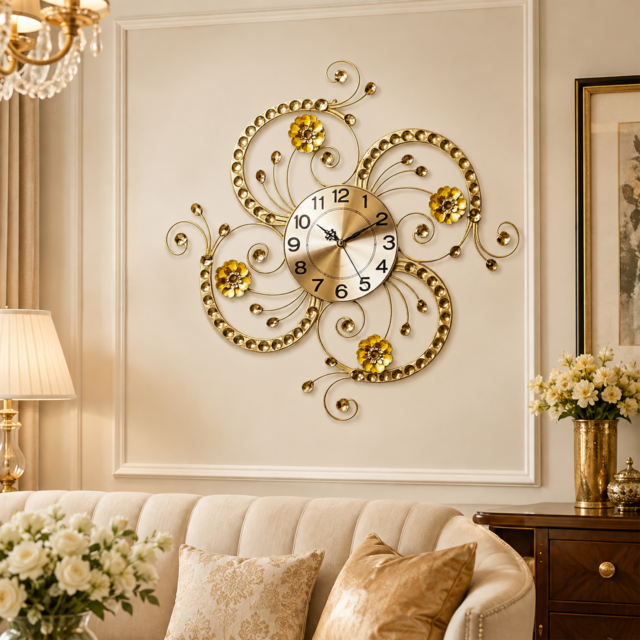 Gold Floral Scroll Crystal Wall Clock