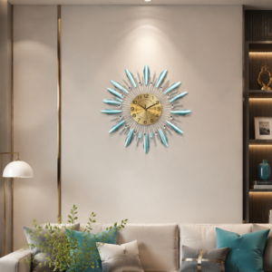Cyan Sunburst Crystal Metal Silent Wall Clock