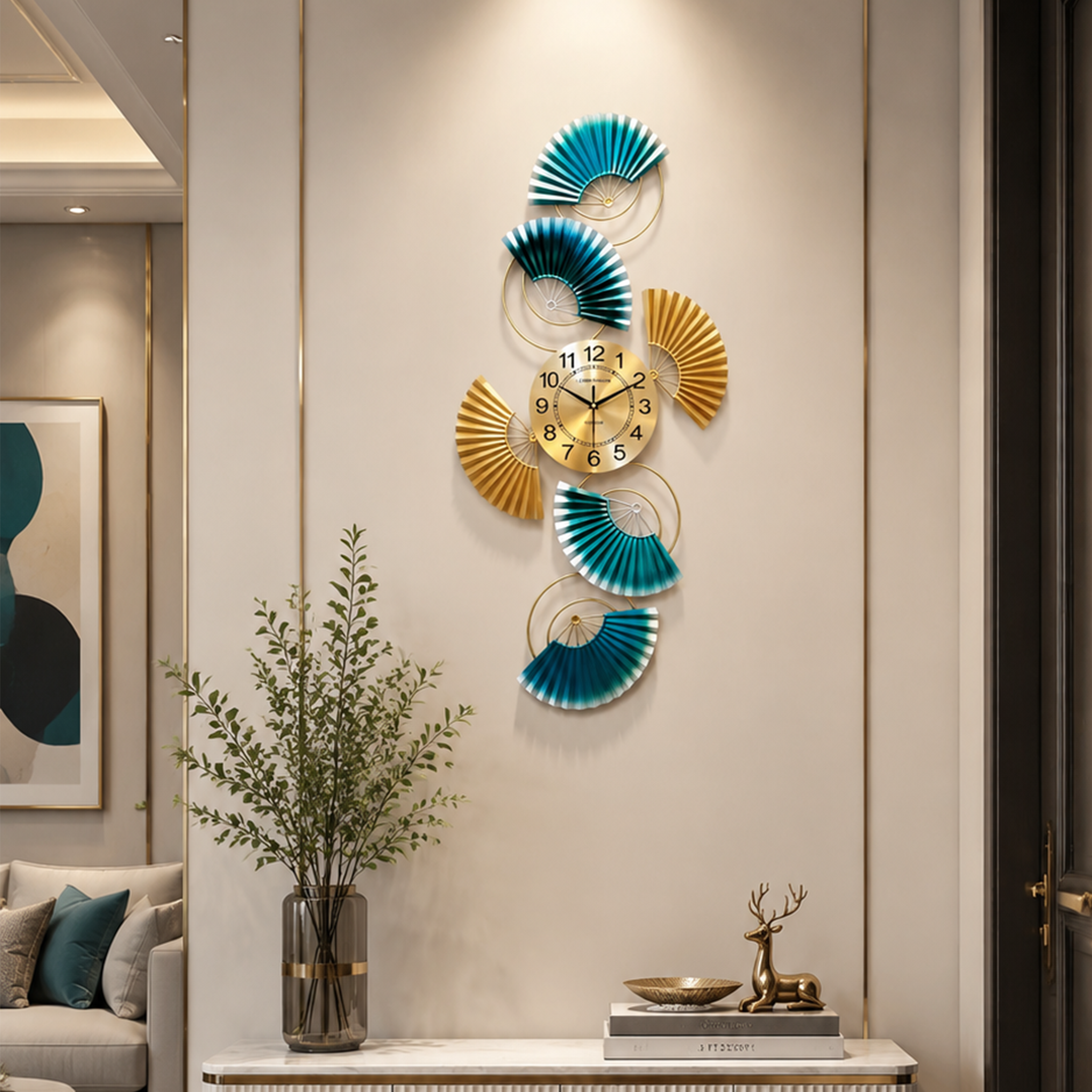 Vertical Gold & Teal Fan Metal Decor Wall Clock