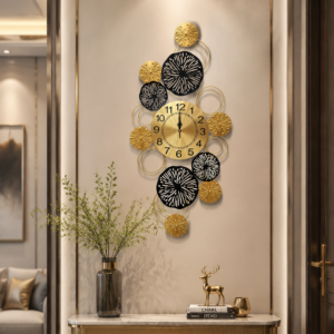 Vertical Black & Gold Lotus Leaf Metal Wall Clock