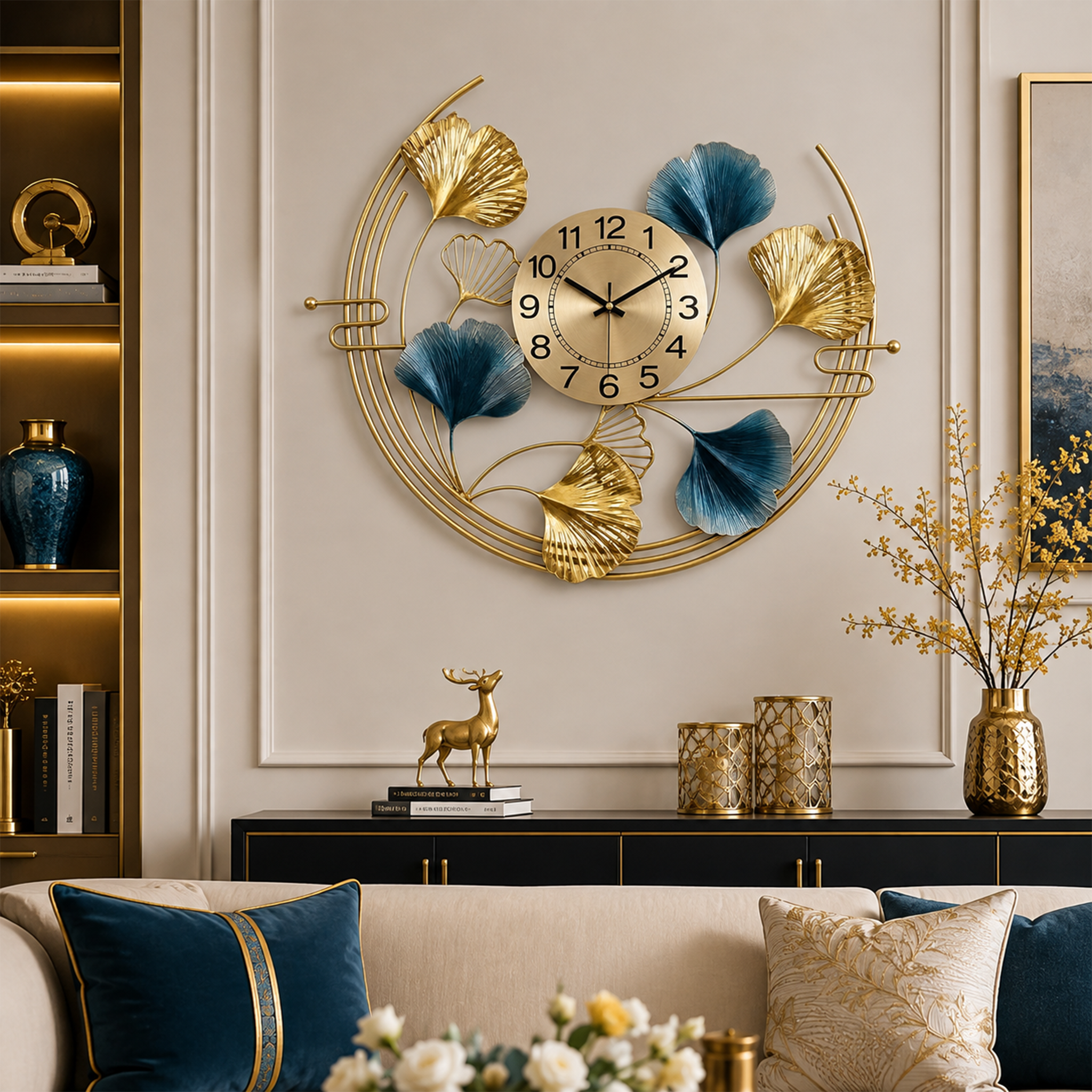 Gold‑Blue Ginkgo Leaf Metal Wall Clock