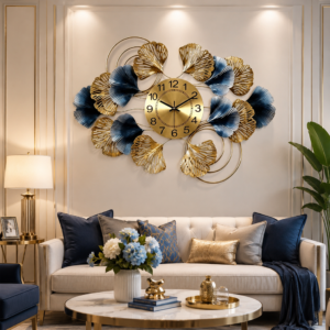 Gold‑Blue Ginkgo Leaf Cluster Metal Wall Clock
