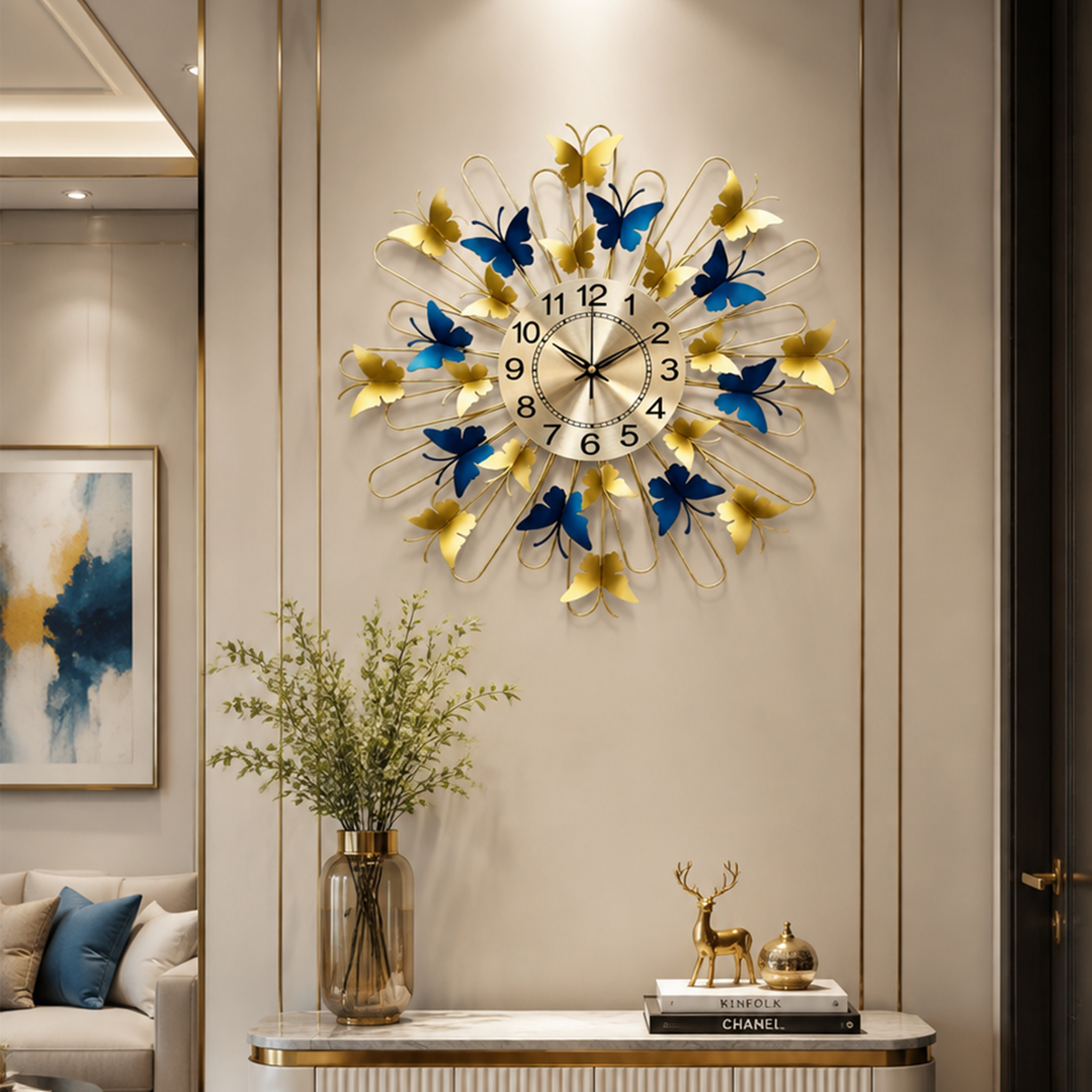 Gold Blue Butterfly Sunburst Metal Wall Clock