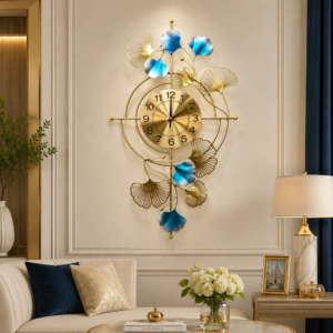 Vertical Cross‑Frame Ginkgo Leaf Metal Wall Clock