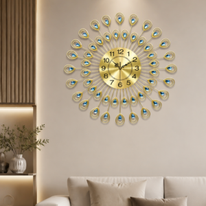 Golden Peacock Eye Blue Crystal Wall Clock