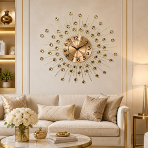 Gold Sunburst Rhinestone Metal Wall Clock