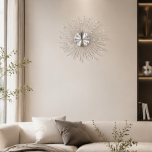 Silver Sunburst Crystal Metal Wall Clock