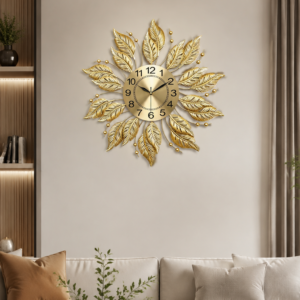 Golden Leaf Sunburst Metal Wall Clock