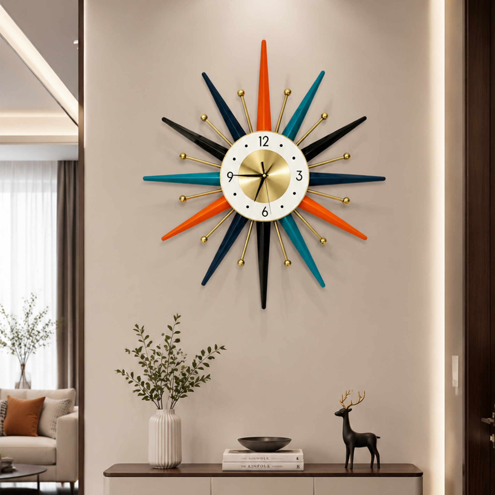 Mid‑Century Colorful Sunburst Metal Wall Clock
