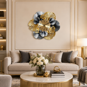 Gold‑Dark‑Gray Ginkgo Leaf Metal Wall Clock