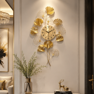 Vertical All-Gold Ginkgo Leaf Metal Wall Clock