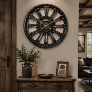 Riveted Spoke Wheel Decor Wall Clock