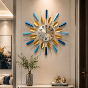 Blue Gold Sunburst Metal Wall Clock