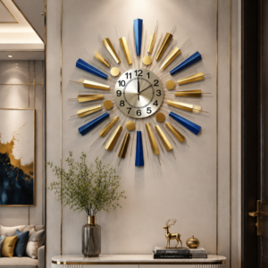 Blue Gold Geometric Sunburst Metal Wall Clock