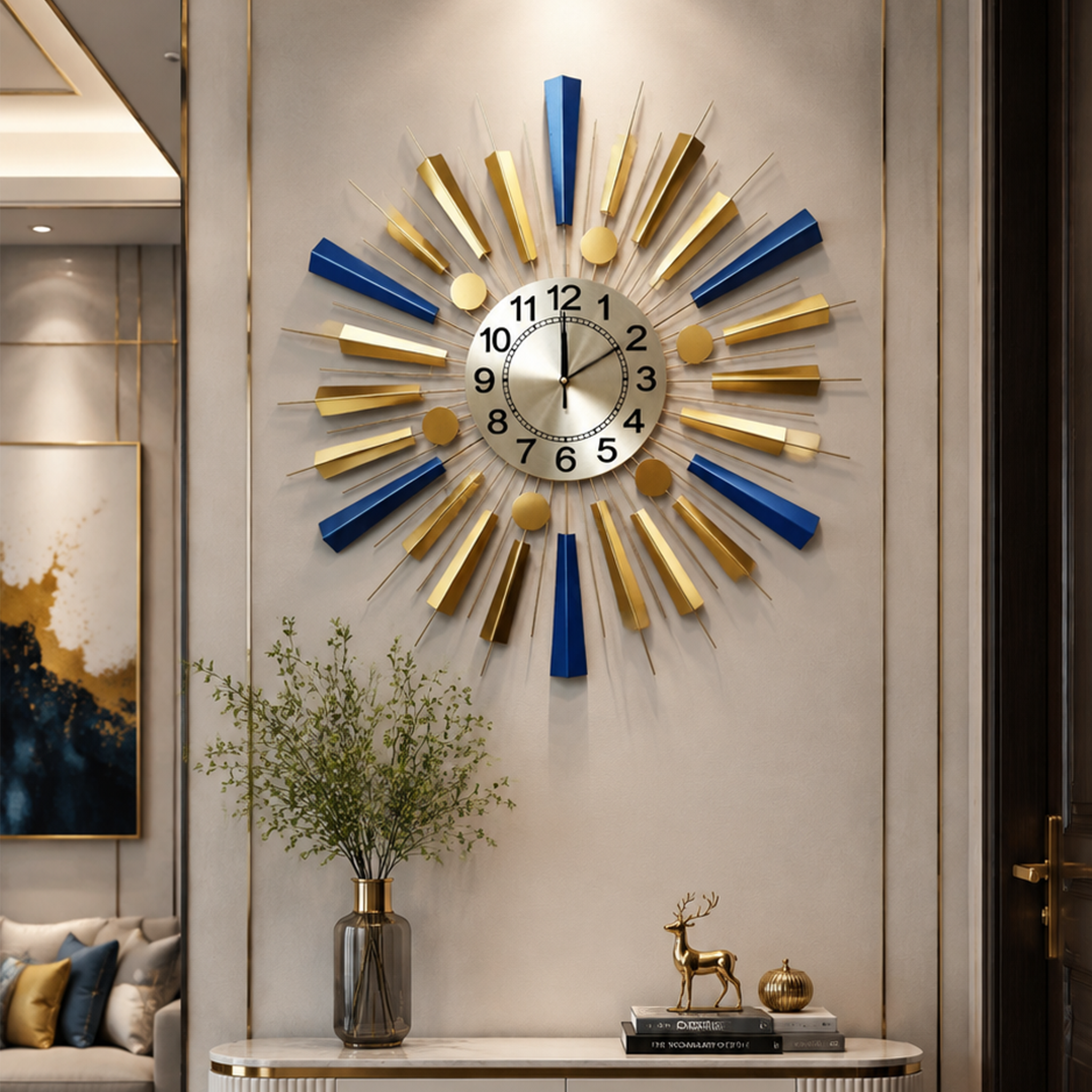 Blue Gold Geometric Sunburst Metal Wall Clock