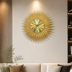 Golden Sunburst Feather Metal Wall Clock