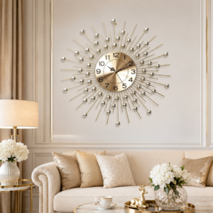 Golden Sunburst Clear Crystal Metal Wall Clock