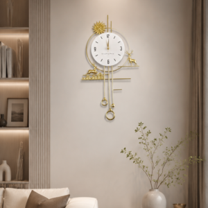 Golden Deer Sun Pendulum Metal Wall Clock