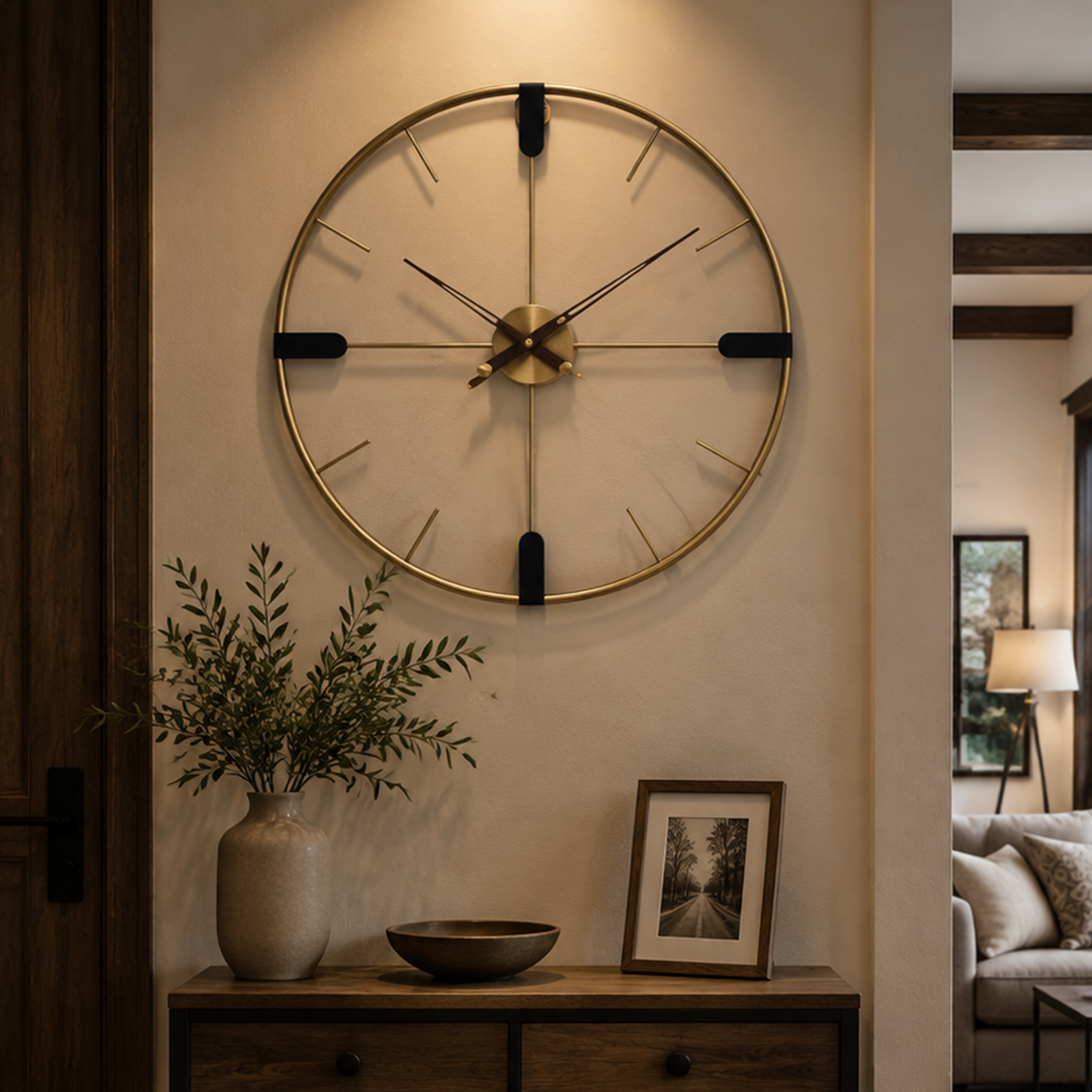 Brass Open Frame Wood Hand Wall Clock
