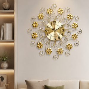 Golden Metal Flower Crystal Wall Clock