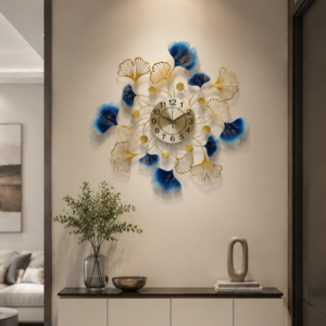 Golden Blue Ginkgo Leaf Metal Wall Clock