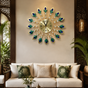Peacock Feather Crystal Metal Wall Clock