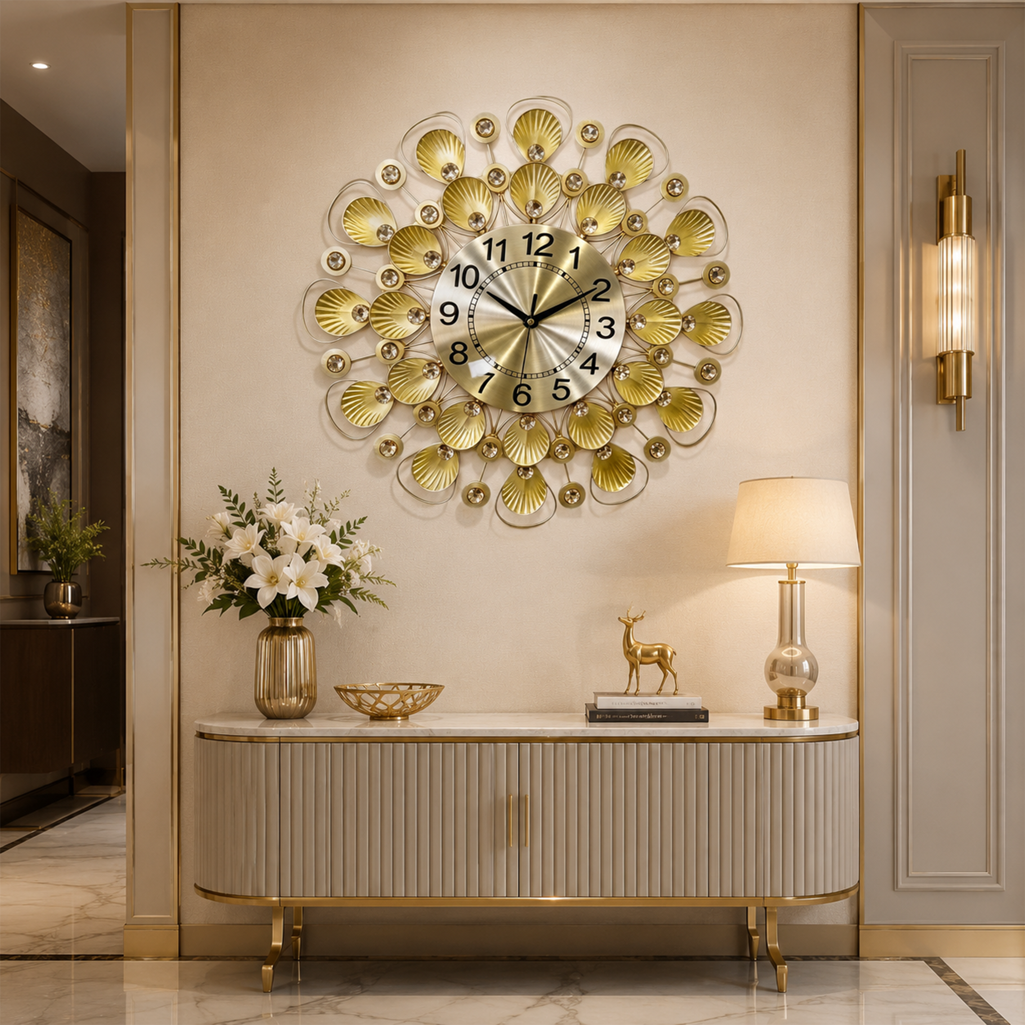 Golden Shell‑Shaped Rhinestone Metal Wall Clock