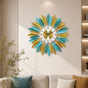 Teal Gold Leaf Sunburst Metal Wall Clock