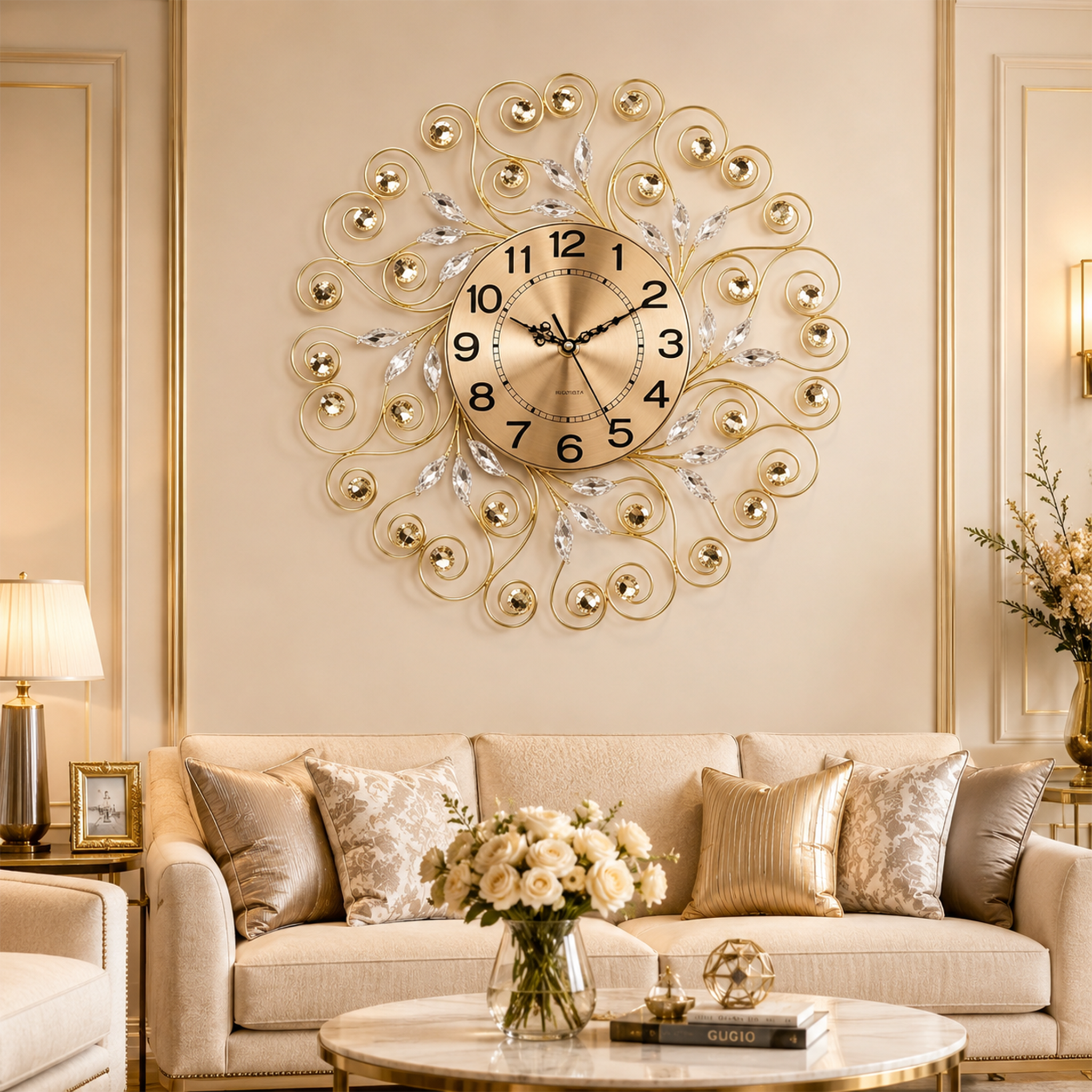 Golden Swirl Crystal Metal Wall Clock