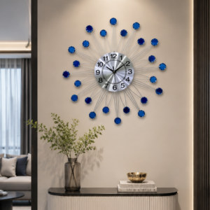 Silver Sunburst Blue Crystal Wall Clock