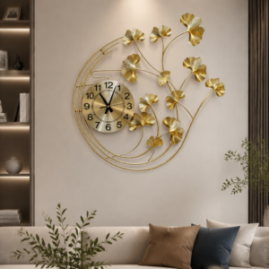 Golden Ginkgo Leaf Metal Wall Clock