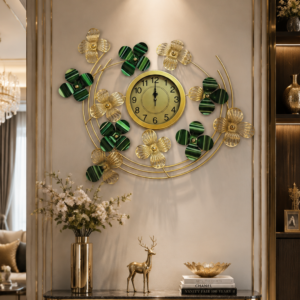 Golden‑Green Flower Art Wall Clock