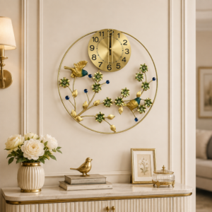 Golden Metal Bird Floral Wall Clock