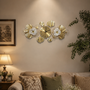 Horizontal Golden Ginkgo Flower Metal Wall Clock