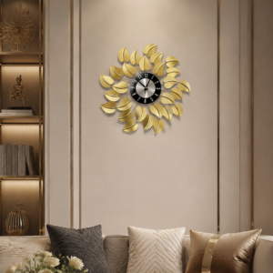 Golden Leaf Sunburst Metal Wall Clock
