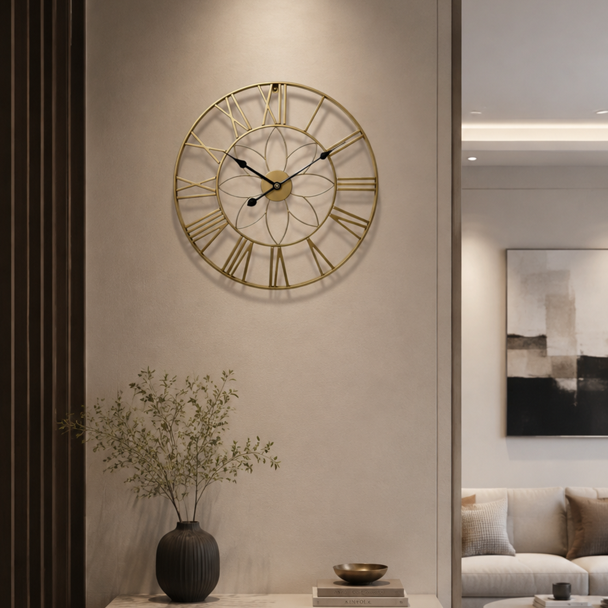 Golden Roman Numeral Floral Hollow Wall Clock