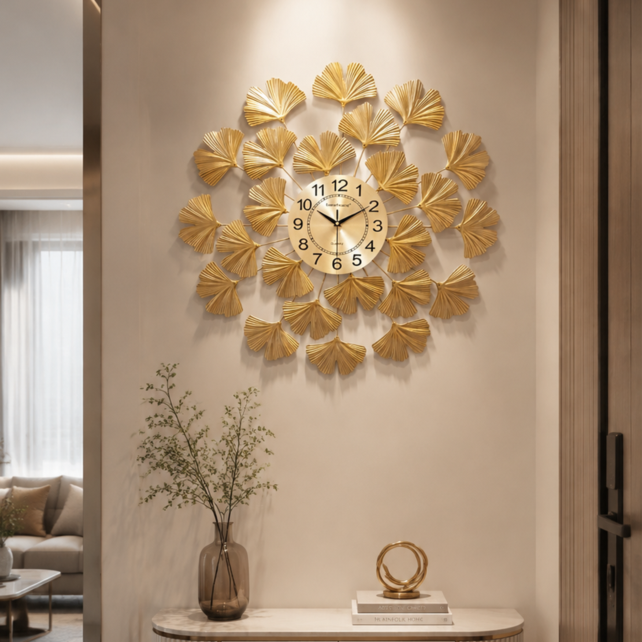 All Golden Ginkgo Leaf Round Metal Wall Clock