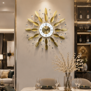 Golden Leaf Crystal Metal Wall Clock