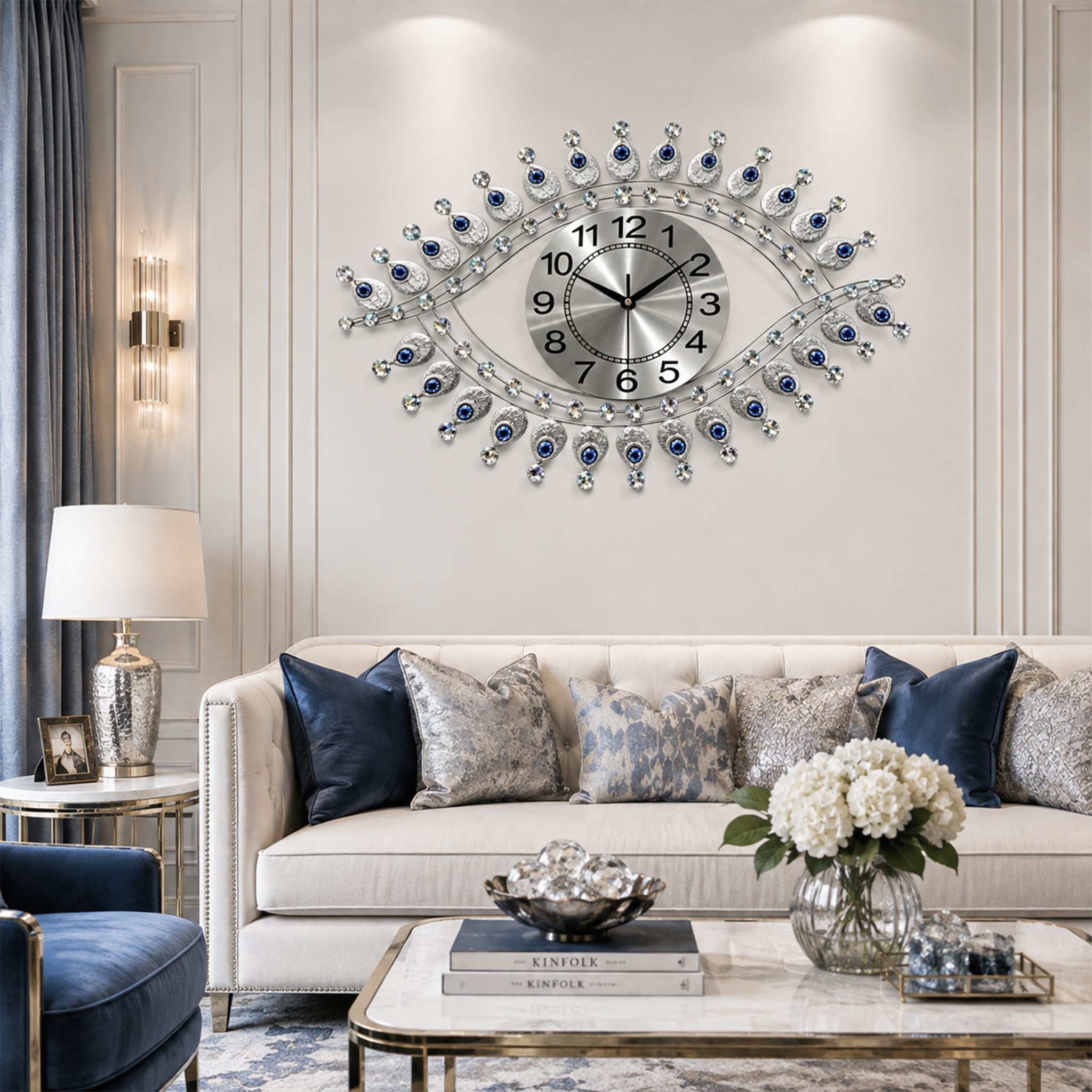 Silver Evil‑Eye Shaped Rhinestone Metal Wall Clock