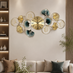 Horizontal Two-Tone Ginkgo Leaf Metal Wall Clock