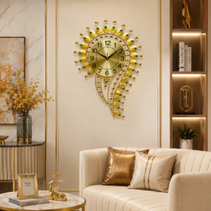 Golden Peacock Feather Rhinestone Metal Wall Clock