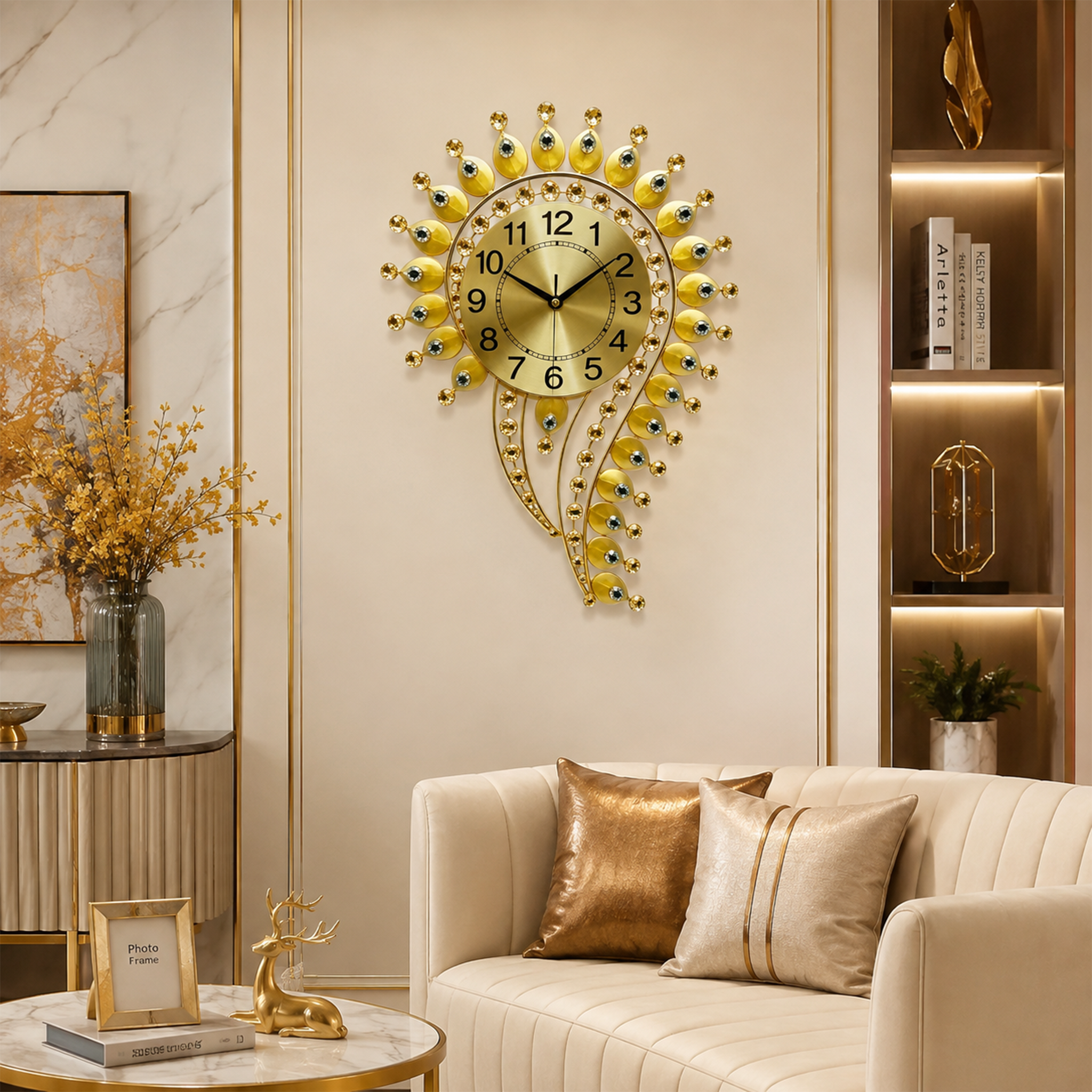 Golden Peacock Feather Rhinestone Metal Wall Clock