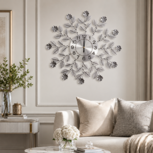 Silver Floral Leaf Metal Wall Clock