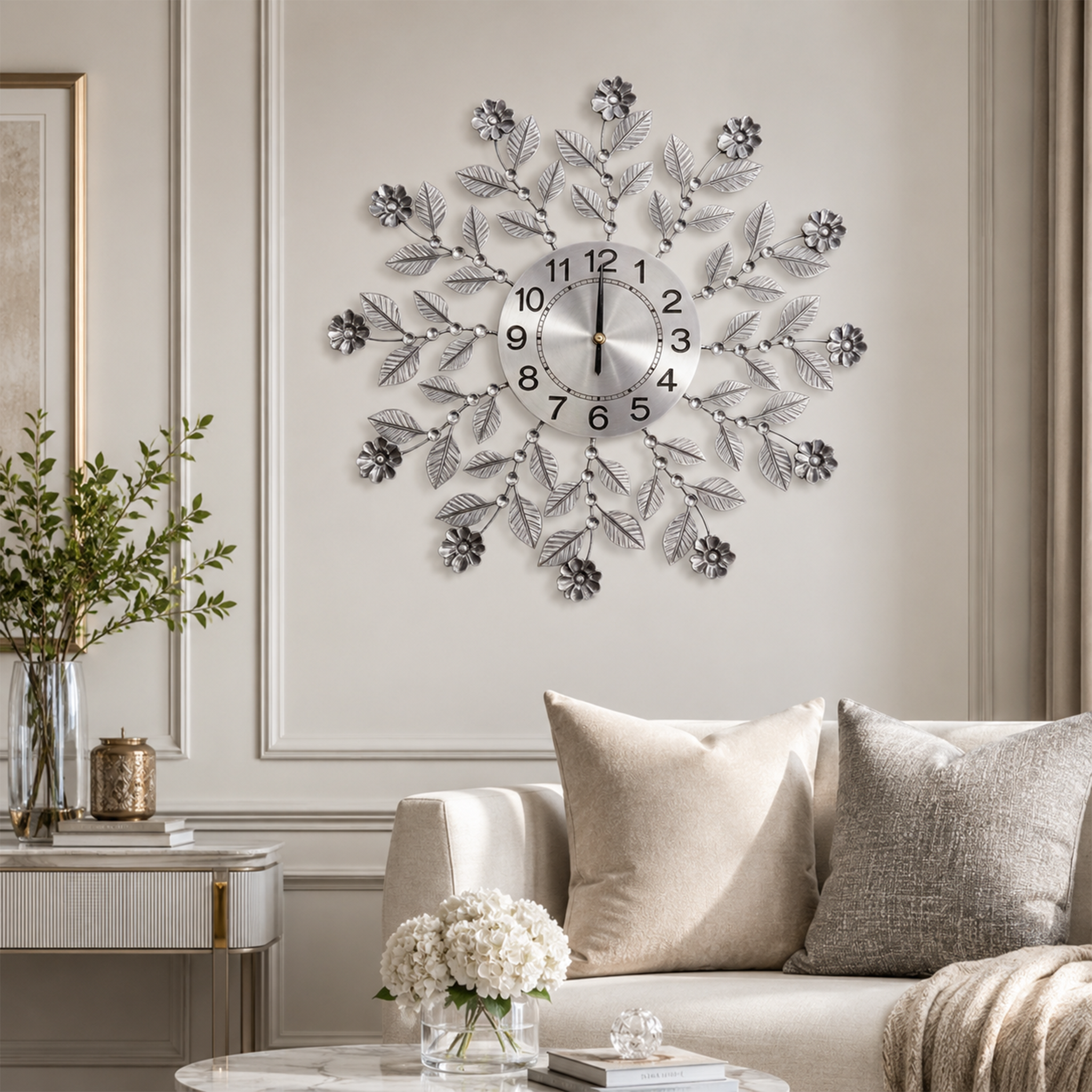 Silver Floral Leaf Metal Wall Clock