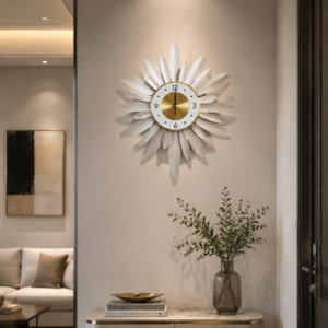 White Sunburst Leaf Metal Wall Clock
