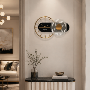 Dual Ring White Feather Gold Metal Wall Clock