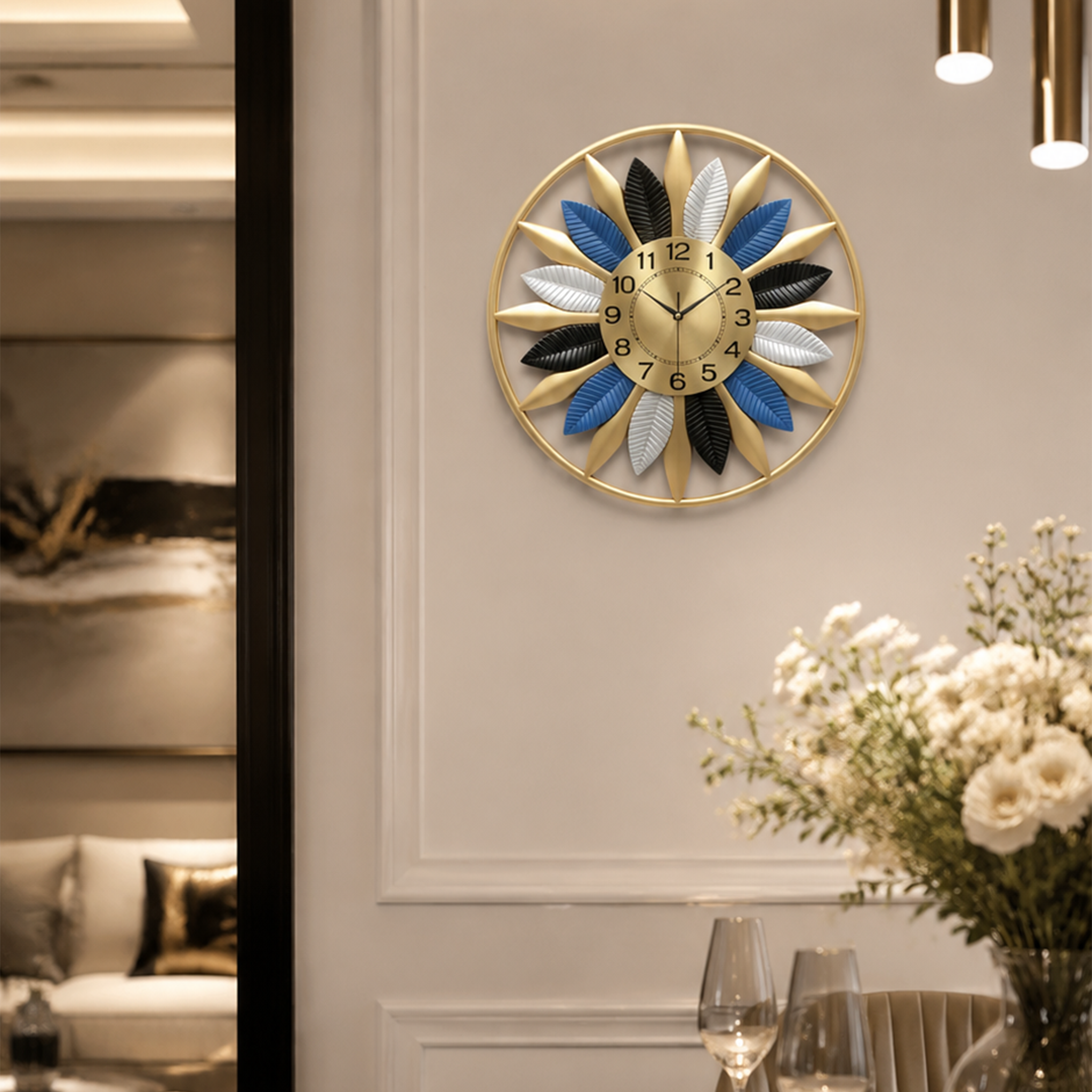 Colorful Leaf Golden Frame Metal Wall Clock
