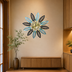 Teal‑Black Leaf Crystal Accent Metal Wall Clock