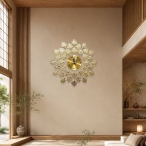 Golden Hollow Peacock‑Leaf Wall Clock